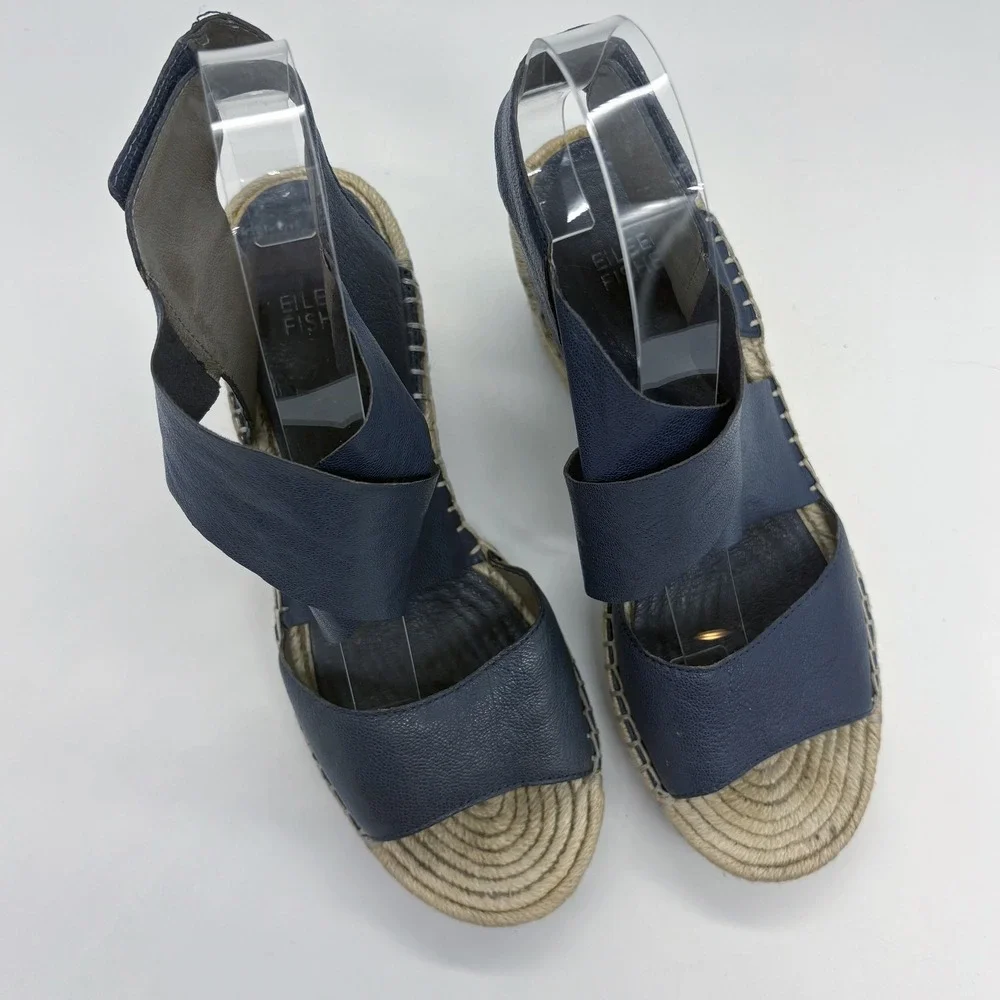 Eileen Fisher Willow Espadrille Wedge‎ Sandals Size 7.5 Blue Leather Strappy